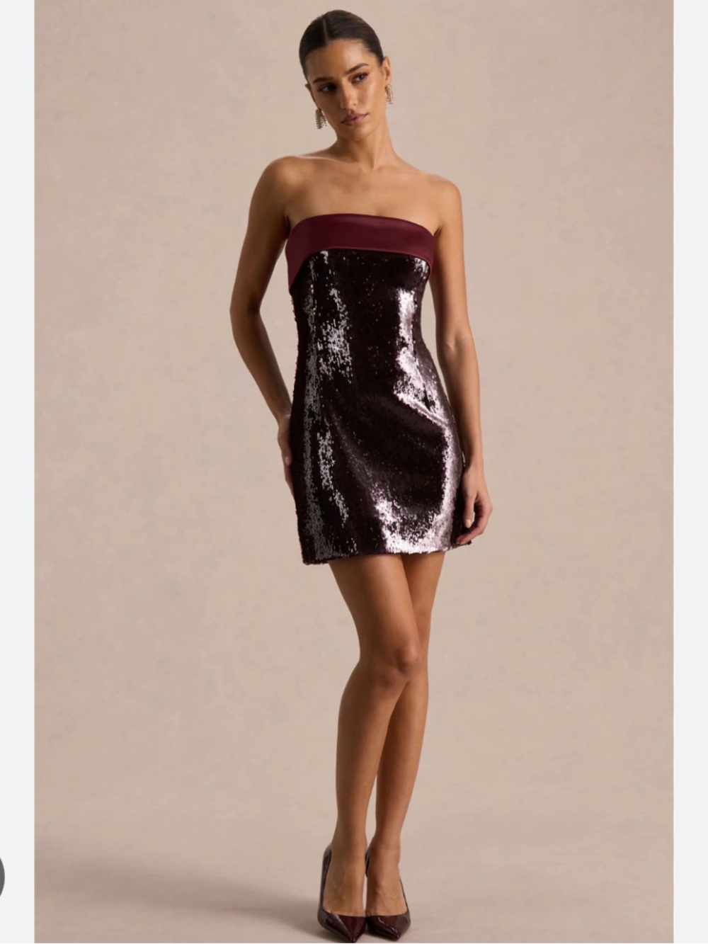 Club London Strapless Sequin Mini Dress in Deep Wine
